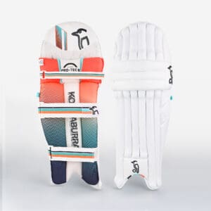 Kookaburra Aura 3.1 batting pads front and back view with bold colour accents and triple strap design