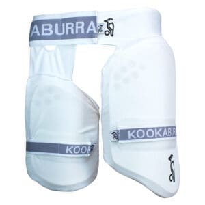 Front view of the 2025 Kookaburra Pro Guard 500 Thigh Pad Set showing integrated thigh and inner thigh protection with dual Kookaburra logos and wide elasticated straps.