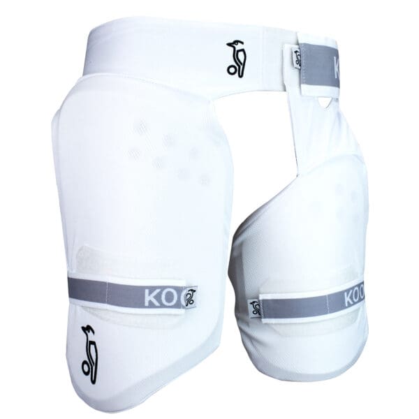 Angled side view of the Kookaburra Pro Guard 500 highlighting lightweight construction, ergonomic shape, and breathable mesh zones across both thigh guards.