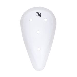 Front view of 2025 Kookaburra Pro Abdo Guard showcasing moulded ABS shell with ventilation holes and rubberised edge.