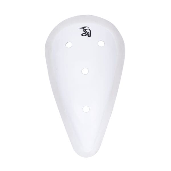 Front view of 2025 Kookaburra Pro Abdo Guard showcasing moulded ABS shell with ventilation holes and rubberised edge.