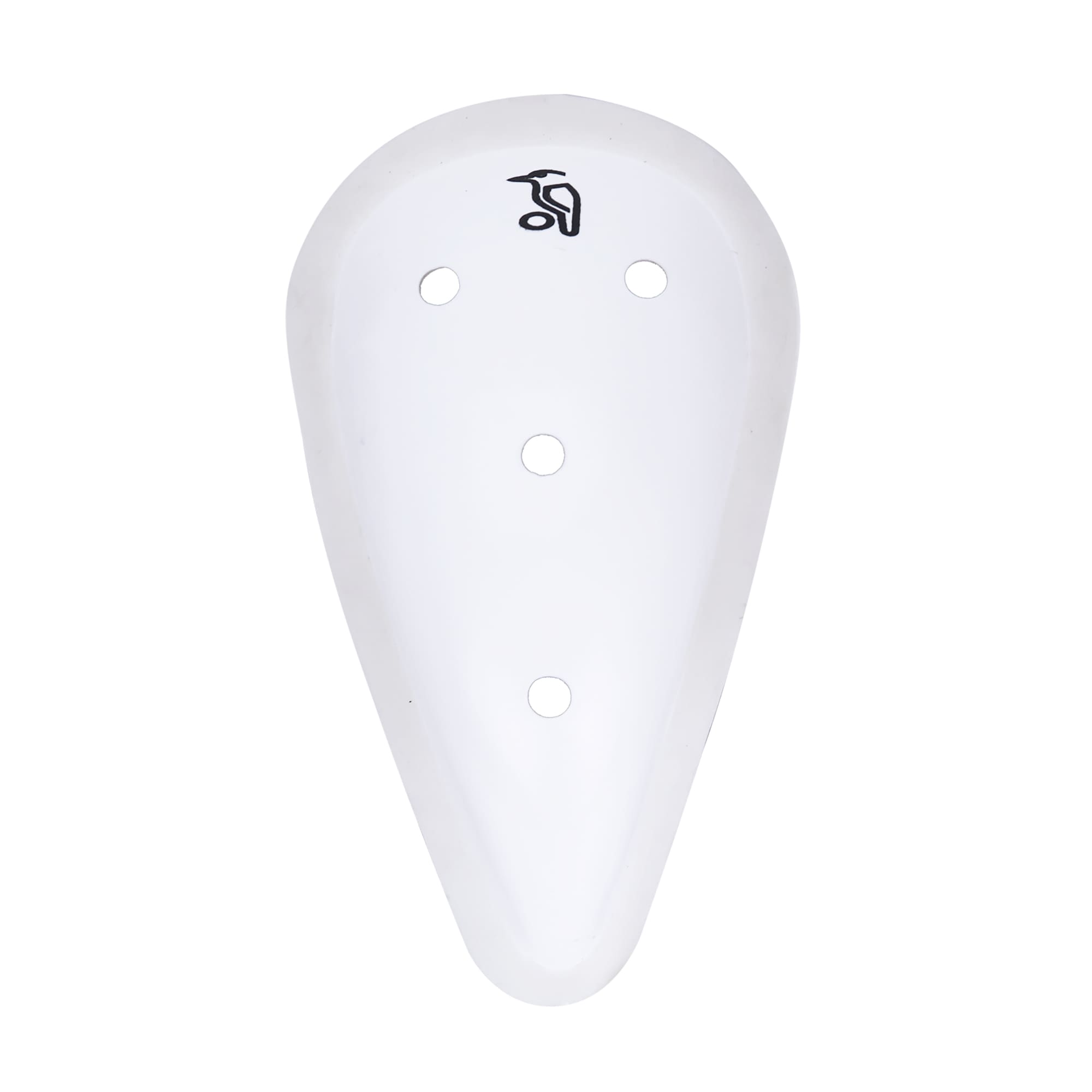 Front view of 2025 Kookaburra Pro Abdo Guard showcasing moulded ABS shell with ventilation holes and rubberised edge.