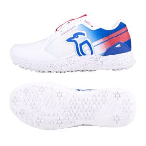 Side and sole view of Kookaburra KC 1.0 shoes highlighting the blue/red gradient design and RBTraX rubber outsole pattern.