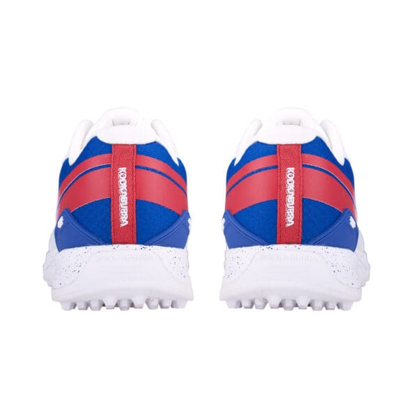 Rear view of Kookaburra KC 1.0 shoes showing red Kookaburra-branded pull tabs and heel support.