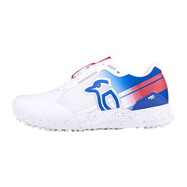 Left side profile of Kookaburra KC 1.0 Rubber Sole Shoe showing heel reinforcement and breathable mesh panels.