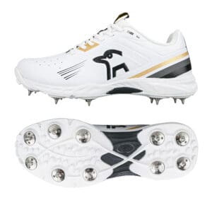 Side and sole view of the Kookaburra KC 3.0 Spike Cricket Shoe in gold and black, showing the upper design and metal spike outsole.