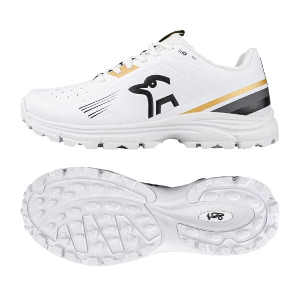 Side profile and sole view of the 2025 Kookaburra KC 3.0 Rubber Sole Cricket Shoe in white with gold and black detailing.