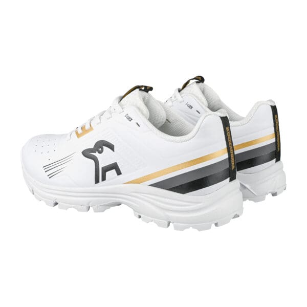 Rear angled view of the Kookaburra KC 3.0 Rubber Cricket Shoes showing the gold/black heel stripe and padded collar.
