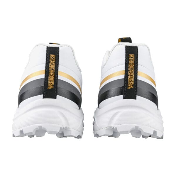 Direct rear view of both Kookaburra KC 3.0 Rubber Sole Shoes highlighting heel branding and rubber studs.