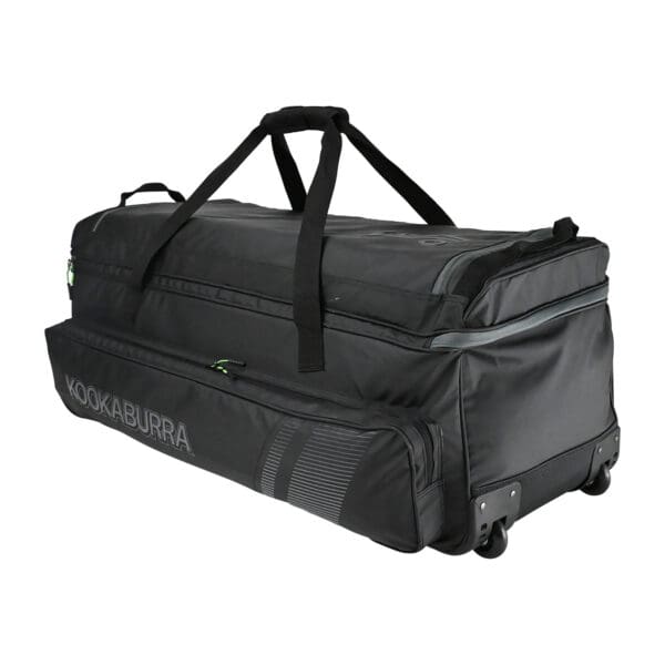 Angled front view of the 2025 Kookaburra Pro Players Wheelie Bag in black with lime accents, showing reinforced wheels and main grab handles.