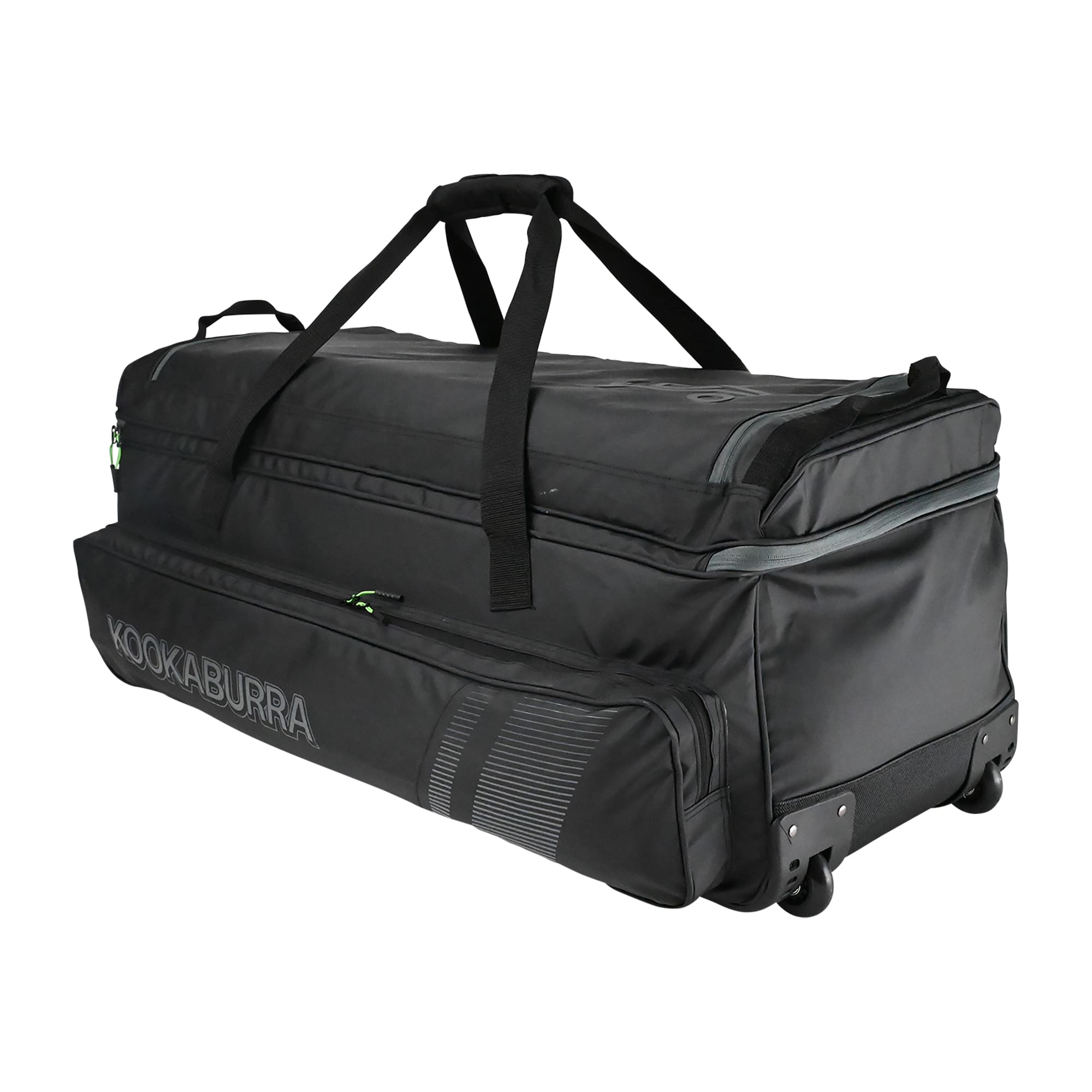 Angled front view of the 2025 Kookaburra Pro Players Wheelie Bag in black with lime accents, showing reinforced wheels and main grab handles.