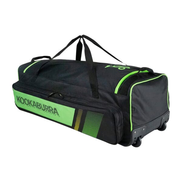 Angled side view of the 2025 Kookaburra Pro 3500 Wheelie Bag in black and green, showing durable carry handles, reinforced wheel base, and external branding.