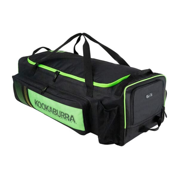 Rear and side view of the Kookaburra Pro 3500 Wheelie Bag 2025 model, featuring multiple compartments, external mesh bottle holder, and spacious design for full cricket kit.