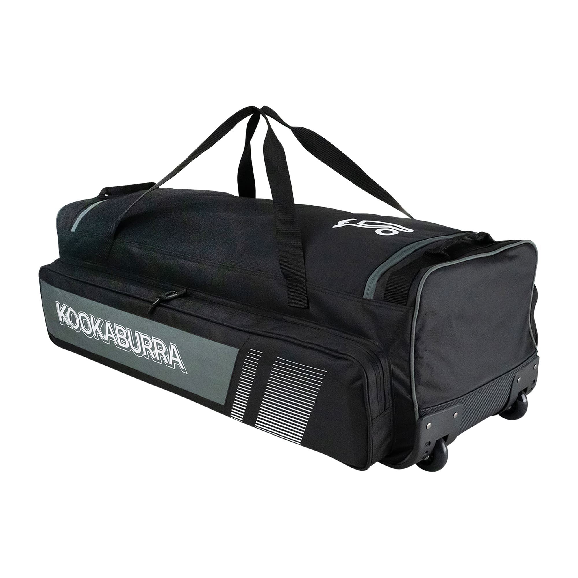 Angled side view of the 2025 Kookaburra Pro 3500 Wheelie Bag in black and grey, showing durable carry handles, reinforced wheel base, and external branding.