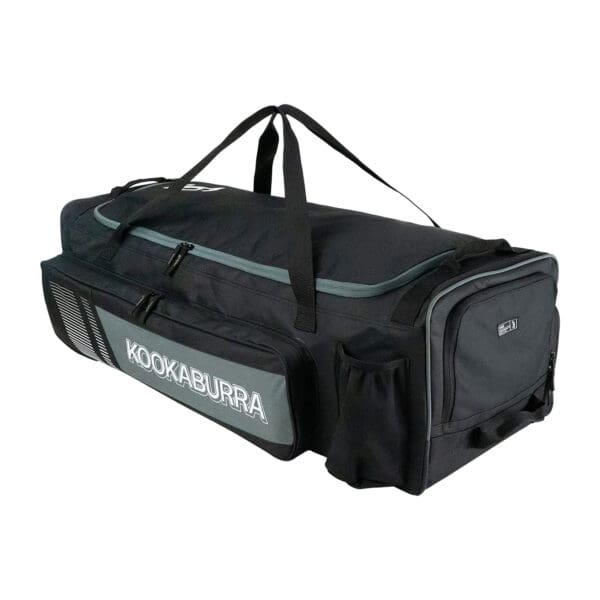 Rear and side view of the Kookaburra Pro 3500 Wheelie Bag 2025 model, featuring multiple compartments, external mesh bottle holder, and spacious design for full cricket kit.