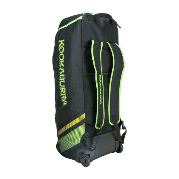 Side and rear view of the 2025 Kookaburra WD2000 Wheelie Duffle Bag, showing padded shoulder straps, reinforced wheels, and upright standing design.