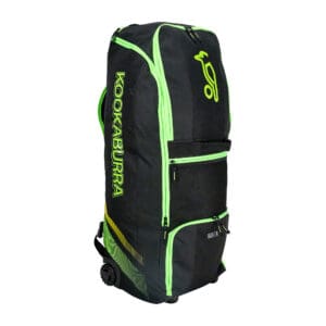 Front angled view of the Kookaburra WD2000 Wheelie Duffle Bag in black and neon green, featuring bold branding, zippered compartments, and ergonomic structure.
