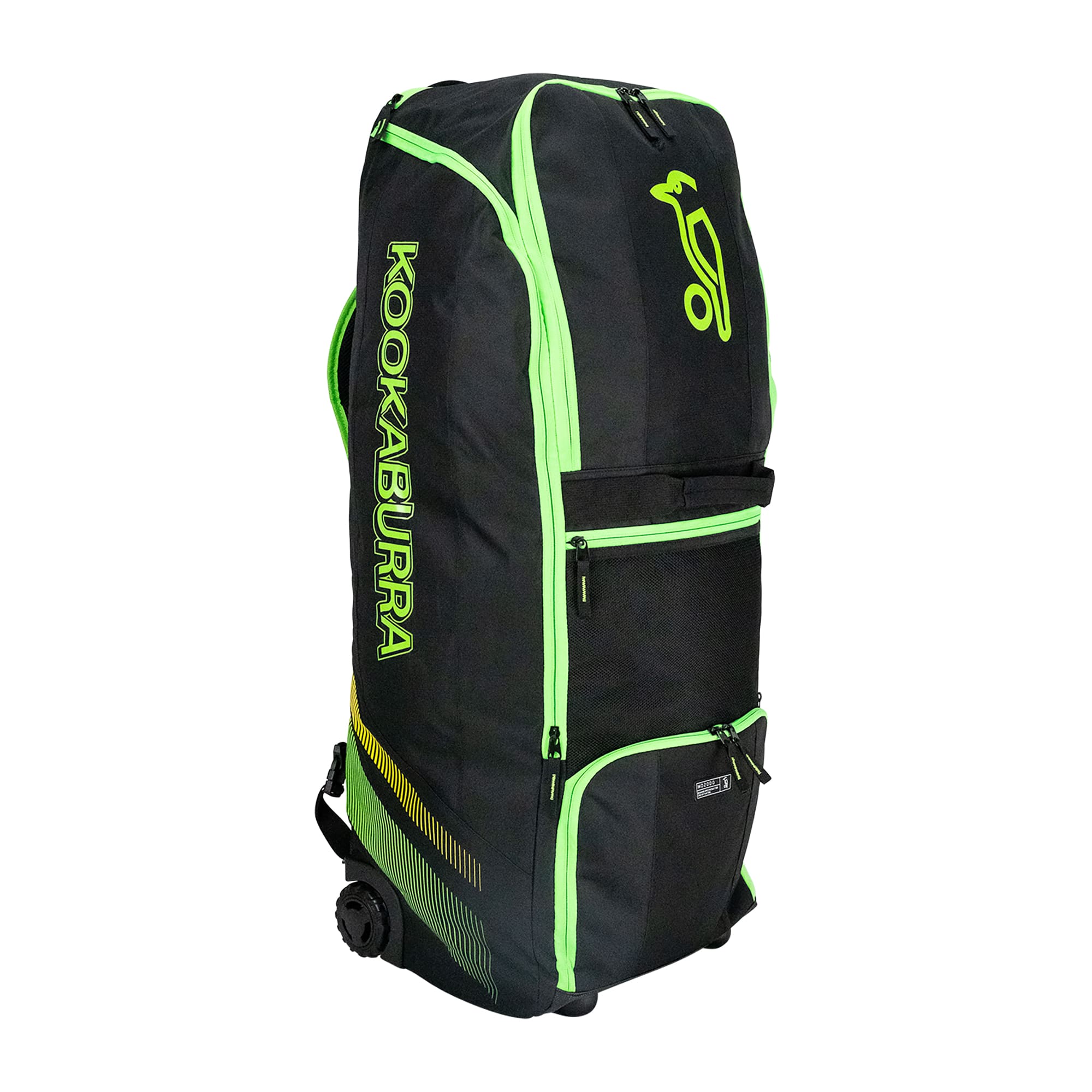 Front angled view of the Kookaburra WD2000 Wheelie Duffle Bag in black and neon green, featuring bold branding, zippered compartments, and ergonomic structure.