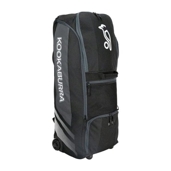 Front view of 2025 Kookaburra WD4000 Wheelie Duffle Bag in black and grey, showcasing reinforced wheels and external compartments.