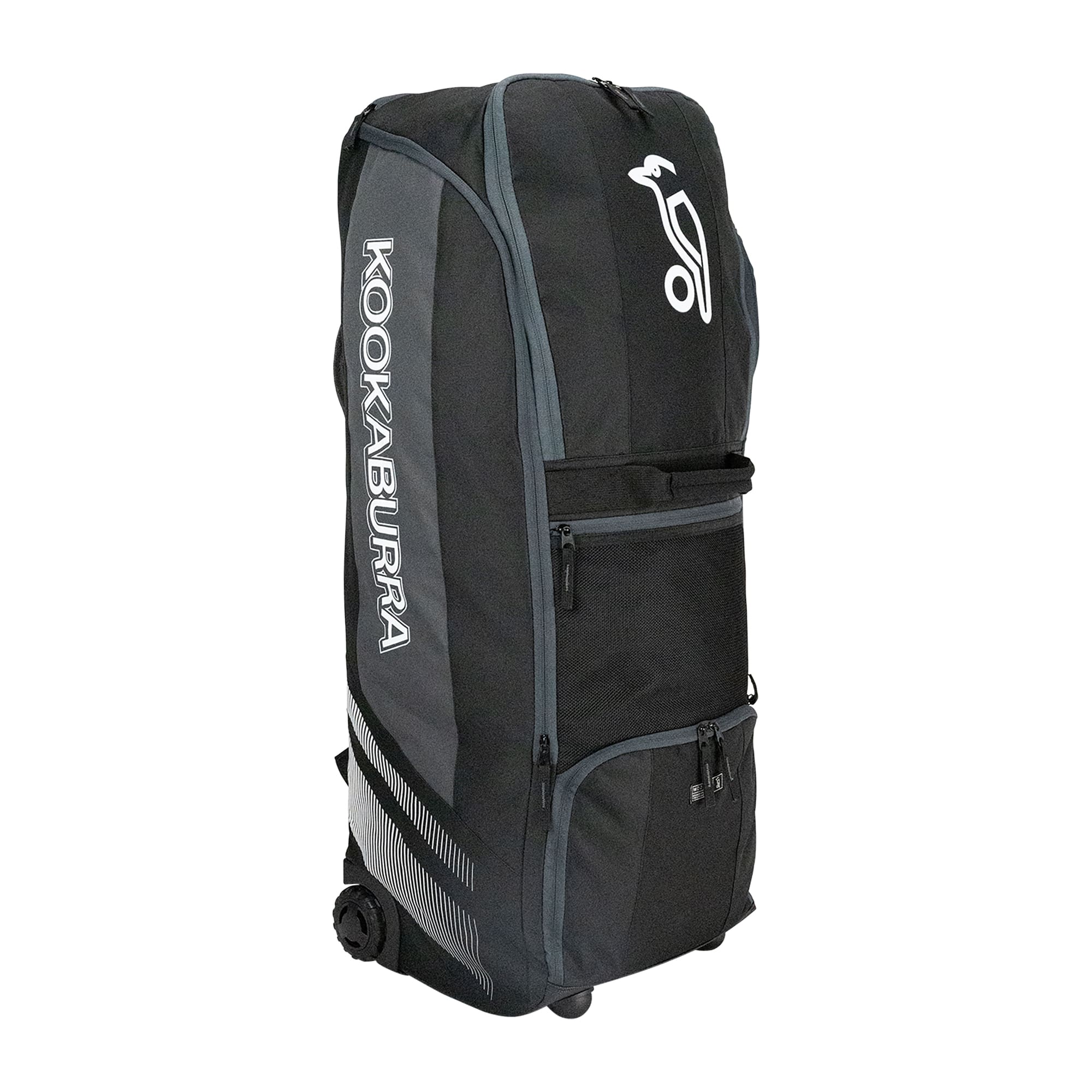 Front view of 2025 Kookaburra WD4000 Wheelie Duffle Bag in black and grey, showcasing reinforced wheels and external compartments.