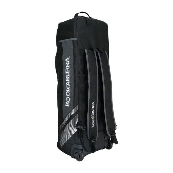 Rear view of the 2025 Kookaburra WD5000 Wheelie Duffle Bag in black and grey, showing padded shoulder straps and durable wheel base.