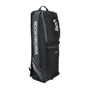 Front angled view of the Kookaburra WD5000 Wheelie Duffle Bag in black and grey, featuring zip compartments, bold branding, and ergonomic handle.