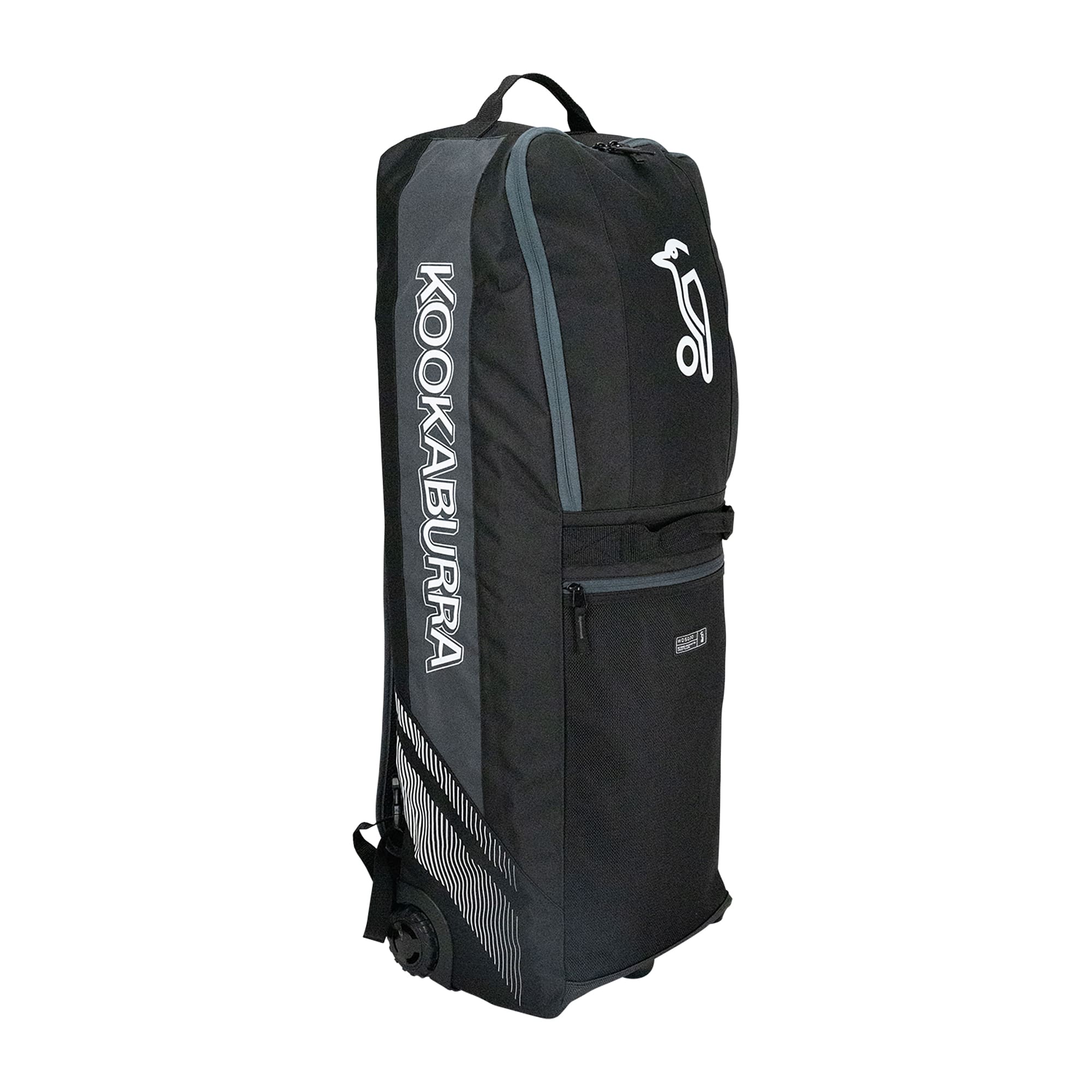 Front angled view of the Kookaburra WD5000 Wheelie Duffle Bag in black and grey, featuring zip compartments, bold branding, and ergonomic handle.