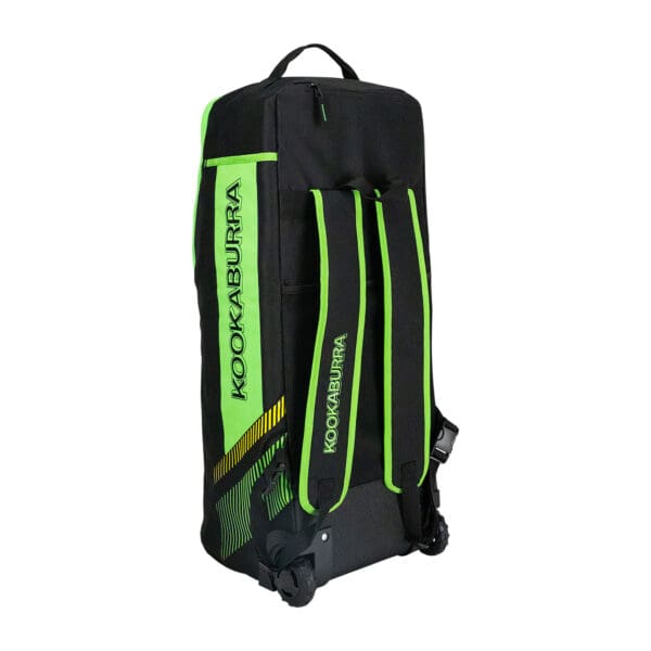 Rear view of the Kookaburra WD6000 Wheelie Duffle Bag in black and green, showing padded shoulder straps and reinforced base with wheels.
