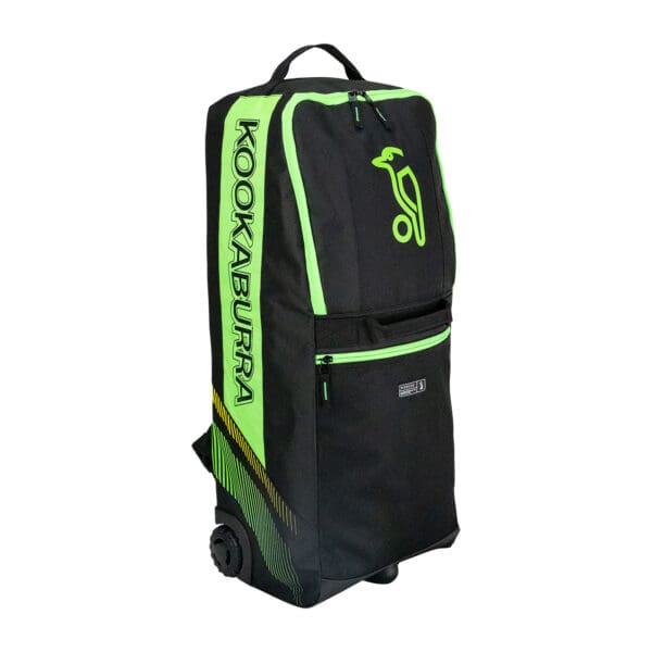WD6000 Wheelie Duffle Bag in black and green, displaying large main compartment and zipped front pocket.