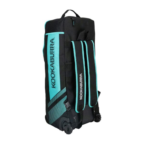Rear view of the Kookaburra WD6000 Wheelie Duffle Bag in black and teal, highlighting dual shoulder straps and wheel system.