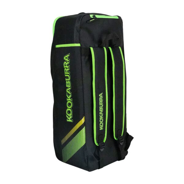 Rear view of the 2025 Kookaburra WD6000 Wheelie Duffle Bag in black and neon green, showing padded shoulder straps and Kookaburra branding.