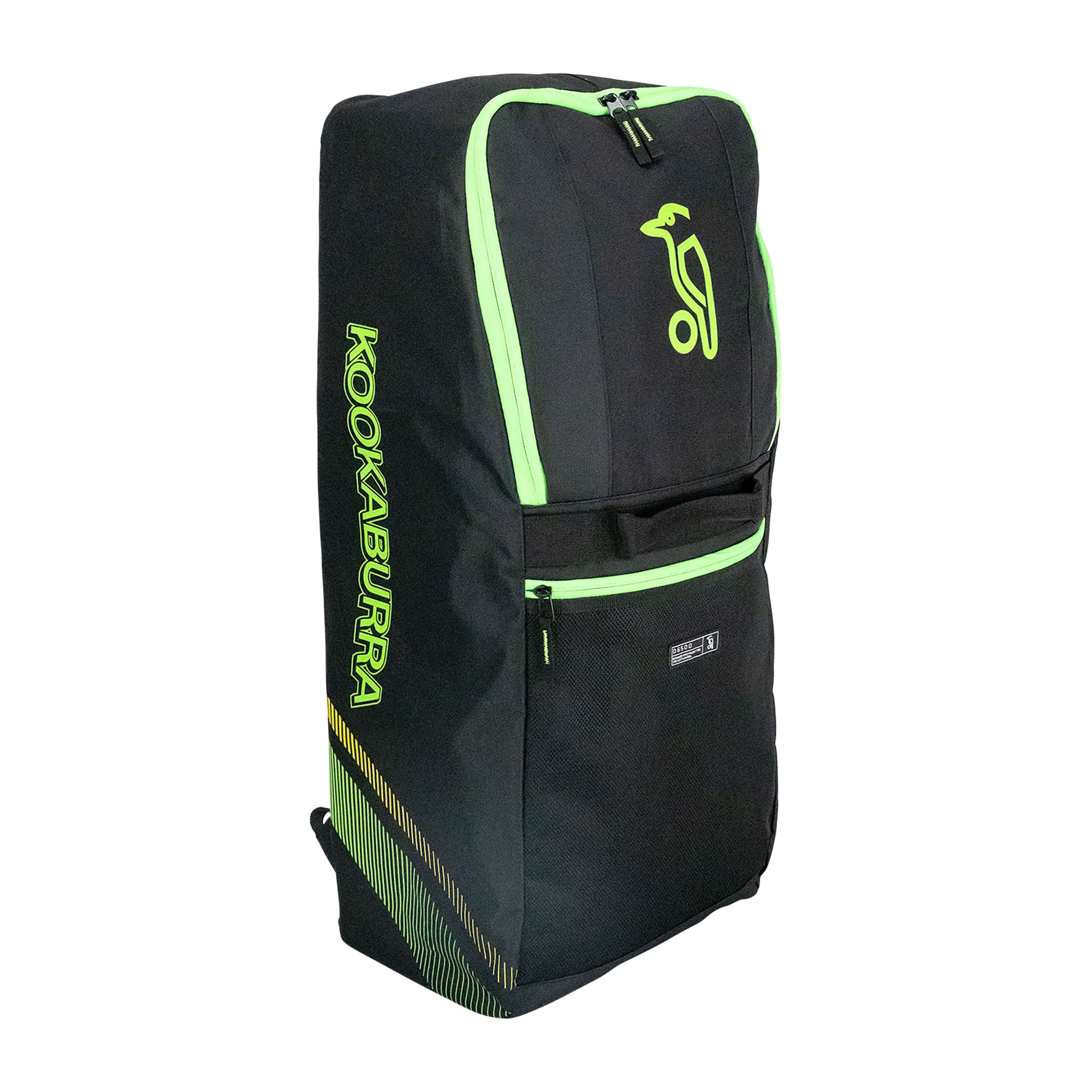 Front angled view of the 2025 Kookaburra WD6000 Wheelie Duffle Bag in black and neon green, featuring large storage compartments and contrast zips.