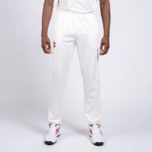 Front-on view of Gray-Nicolls cricket trousers with hands by side