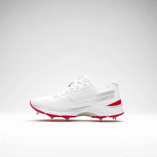 Side view of left Gray-Nicolls Velocity 5.0 Spike Shoe with white mesh upper