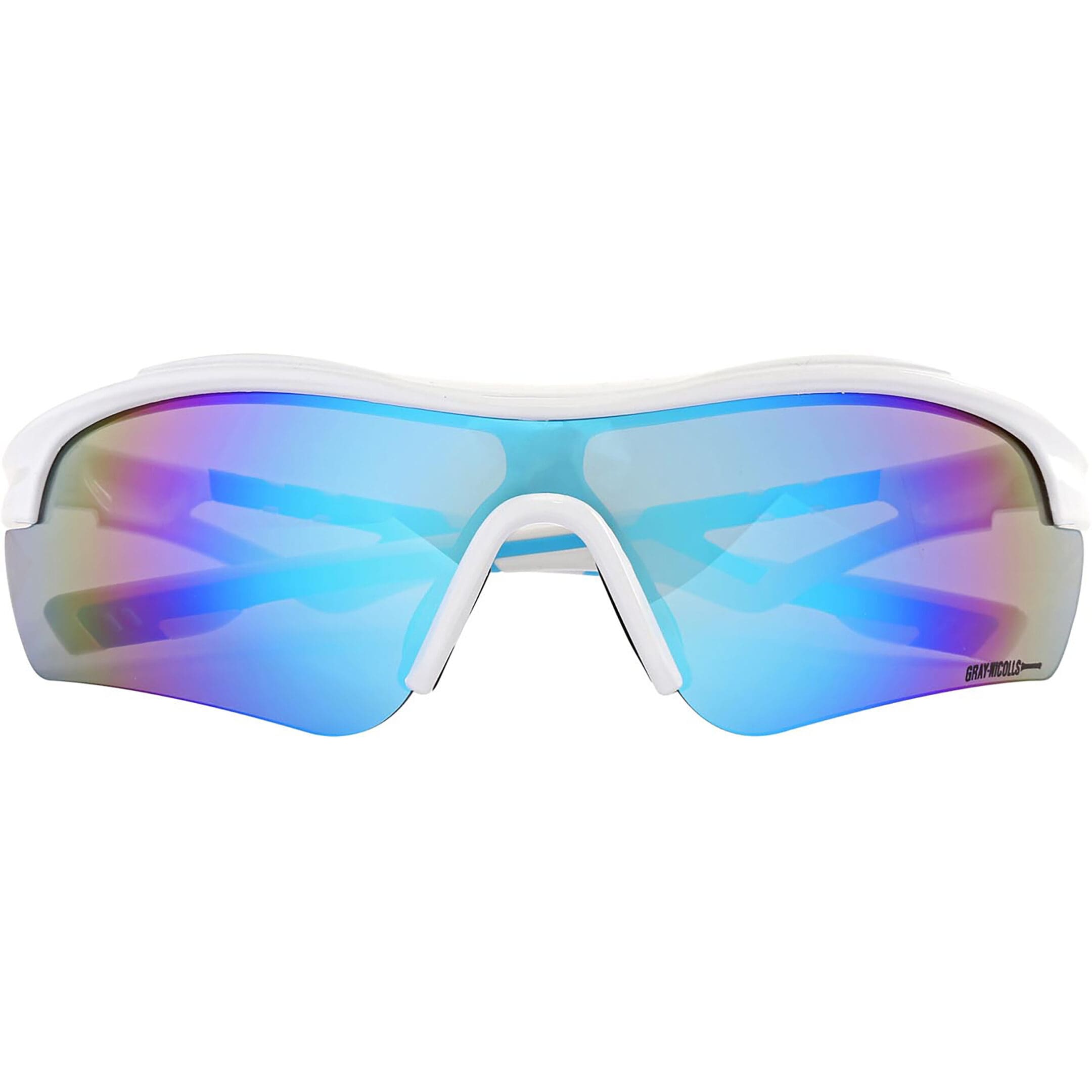 Front view of Gray-Nicolls G-Frame Cricket Sunglasses with white wraparound frame and blue mirrored lenses.