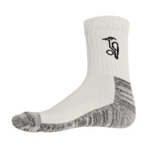 Kookaburra Cream Cricket Sock side view with ribbed cuff, cushioned sole, and black logo