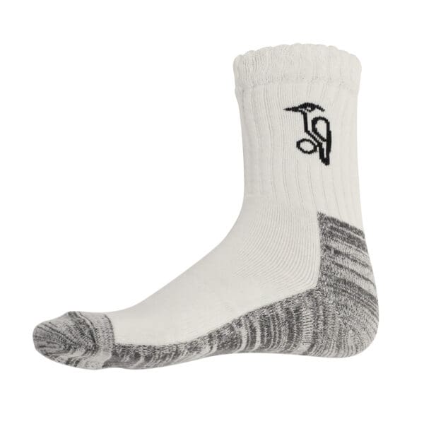 Kookaburra Cream Cricket Sock side view with ribbed cuff, cushioned sole, and black logo