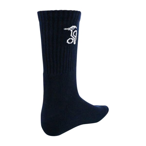 Navy blue Kookaburra cricket sock side view with ribbed cuff and white logo