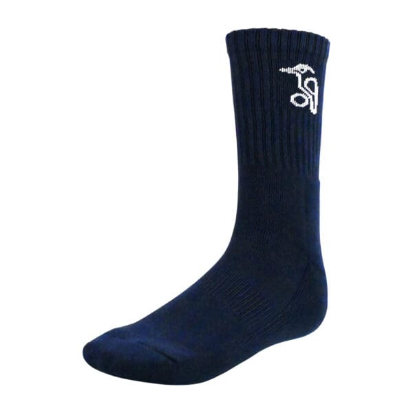 Navy Kookaburra cricket sock angled front view with white Kookaburra logo