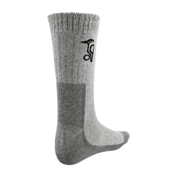 Grey Kookaburra cricket sock from inside angle showing ribbed knit and black logo