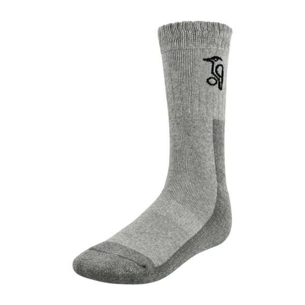 Grey Kookaburra cricket sock side view with cushioned heel and toe and black logo