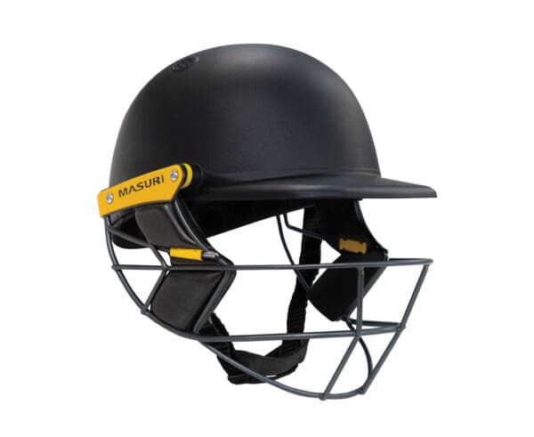 Masuri cricket helmet in matte Navy with yellow accents and steel grille, offering premium head protection for professional and amateur cricketers.
